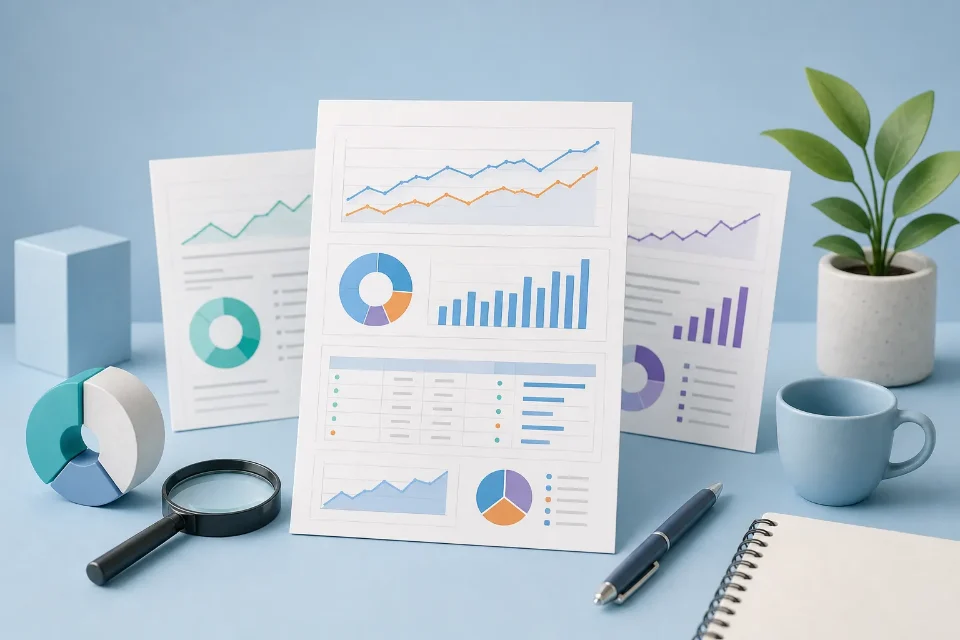 Листы SEO-отчётов с линейными, круговыми и столбчатыми диаграммами